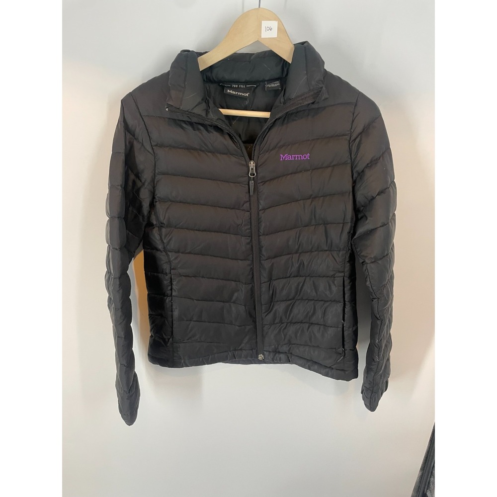Marmot Full Zip Mock Neck Zipped Pocket 700 Fill Down Puffer Jacket Black Size S